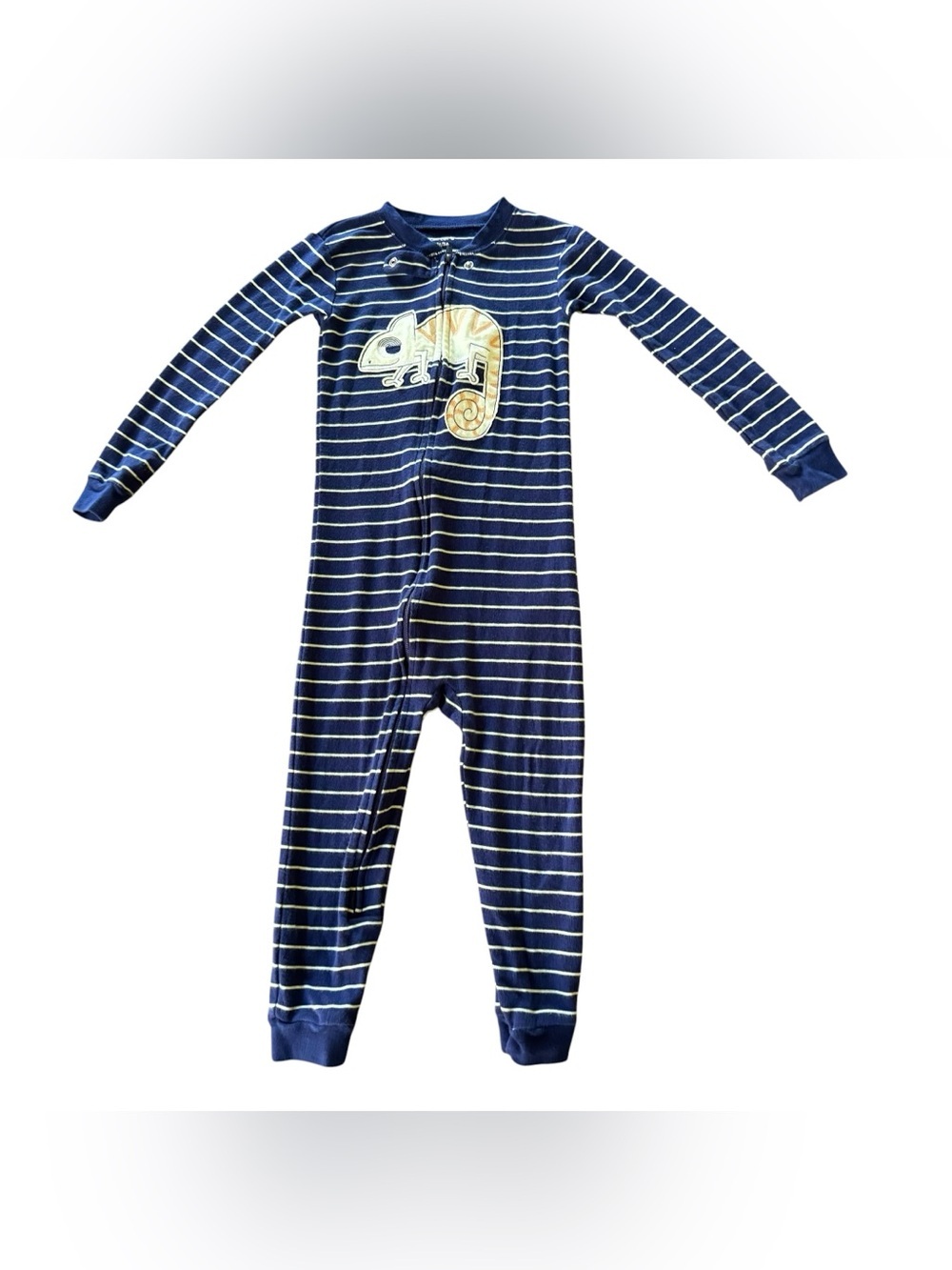 Carter’s Striped Navy Blue One-Piece Pajamas Chameleon Appliqué Cotton Boys 3T
